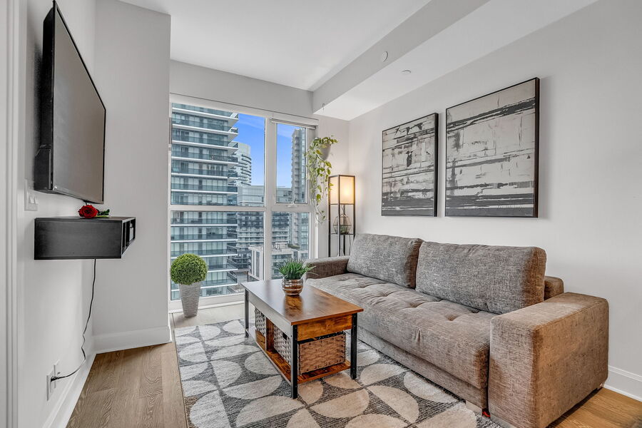Bright condo living room at 33 Shore Breeze Dr