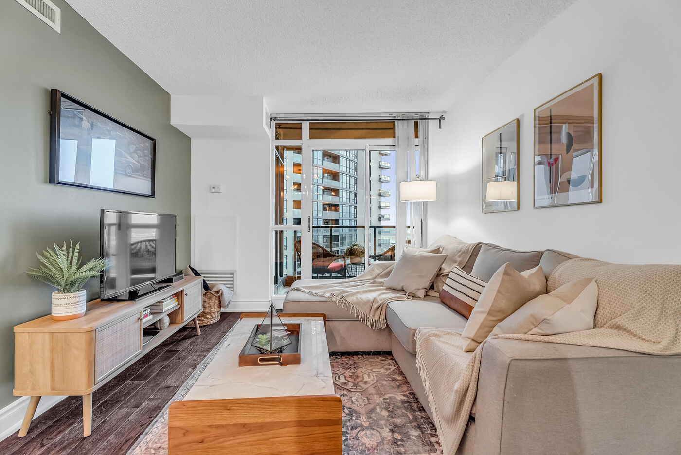 Professionally photographed condo living room, 231 Fort York Blvd